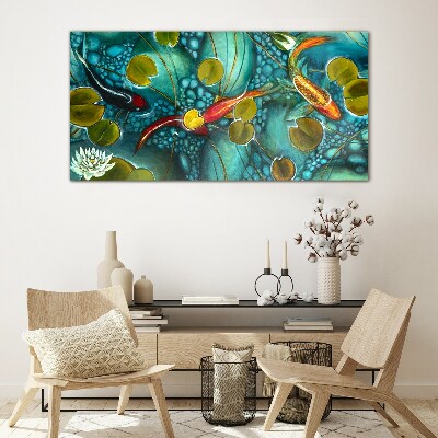 Water reflections with fish and lilies Glass Print