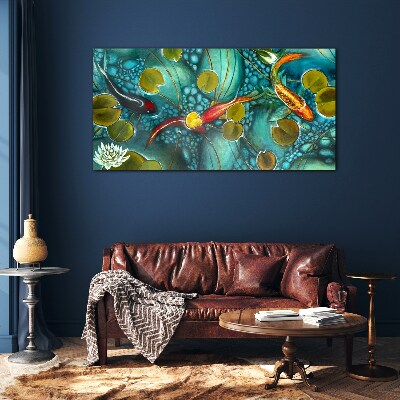 Water reflections with fish and lilies Glass Print