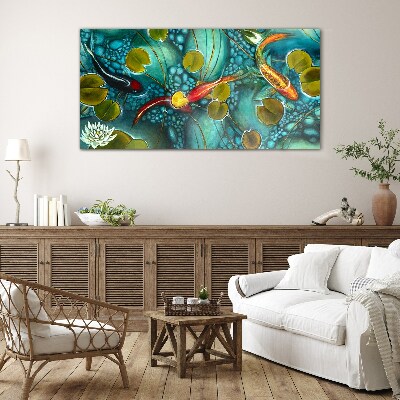 Water reflections with fish and lilies Glass Print