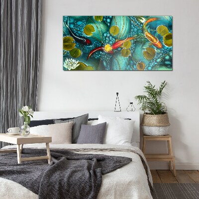 Water reflections with fish and lilies Glass Print