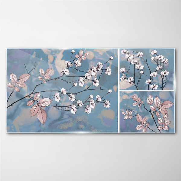 Floral branches on a blue background Glass Print