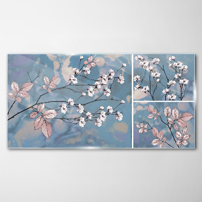 Floral branches on a blue background Glass Print