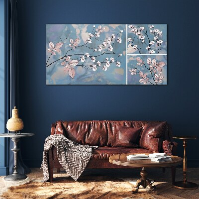 Floral branches on a blue background Glass Print