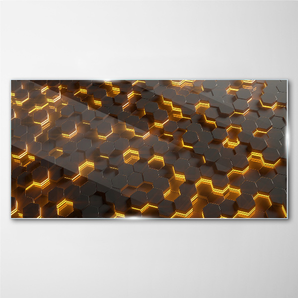 Golden hexagons in motion Glass Print