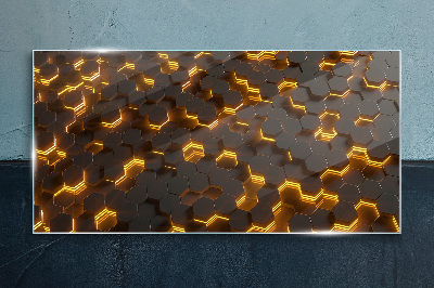 Golden hexagons in motion Glass Print