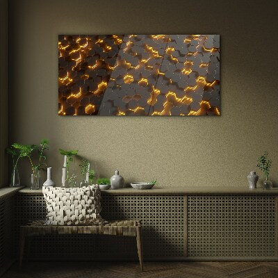 Golden hexagons in motion Glass Print