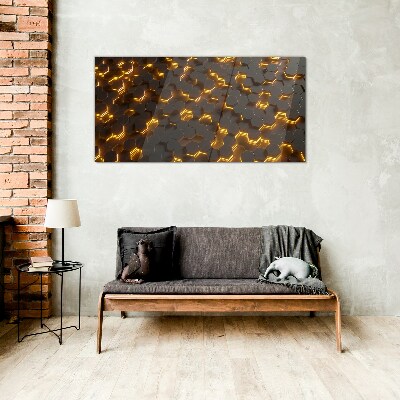 Golden hexagons in motion Glass Print