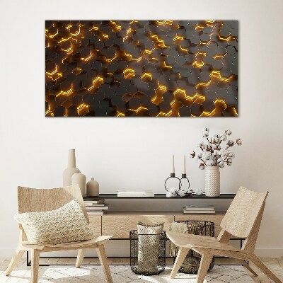 Golden hexagons in motion Glass Print