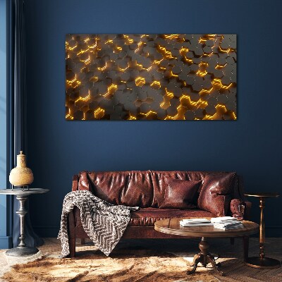 Golden hexagons in motion Glass Print