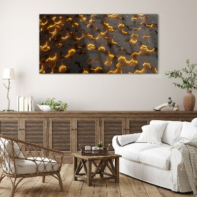 Golden hexagons in motion Glass Print