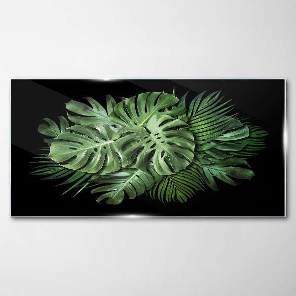 Tropical green on black background Glass Print