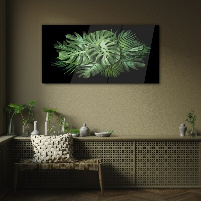 Tropical green on black background Glass Print