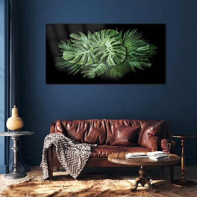 Tropical green on black background Glass Print