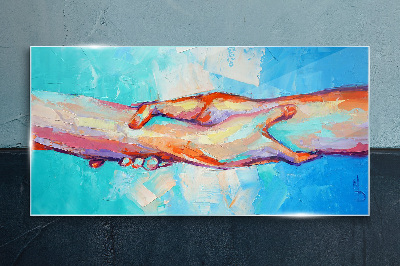 Uniting hands in color Glass Print
