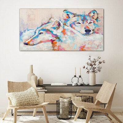 Colorful wolves in pastel tones Glass Print