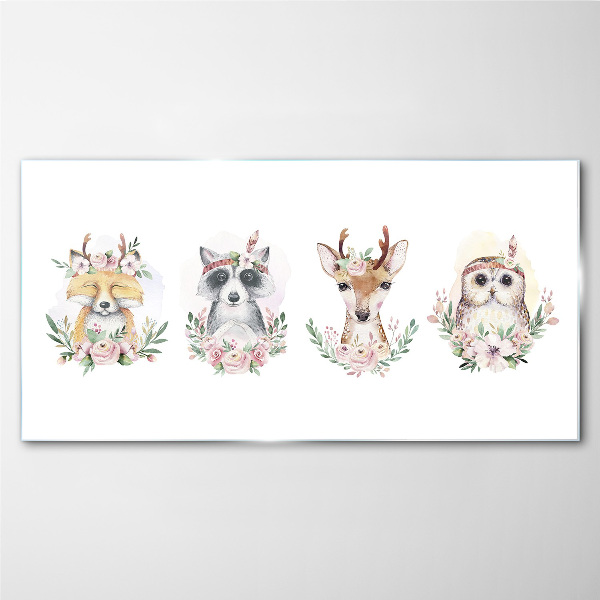 Forest friends in flowers Glass Print