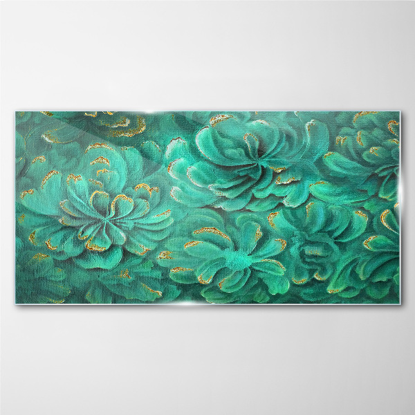Green flowers with gold accents Glass Print