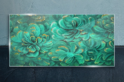 Green flowers with gold accents Glass Print