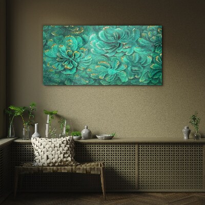Green flowers with gold accents Glass Print
