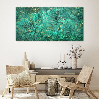 Green flowers with gold accents Glass Print