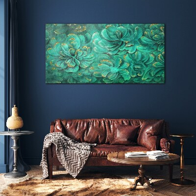 Green flowers with gold accents Glass Print