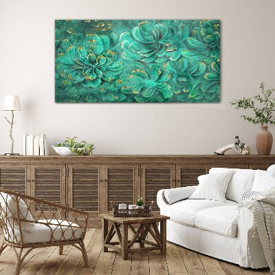Green flowers with gold accents Glass Print