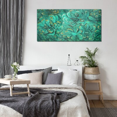 Green flowers with gold accents Glass Print