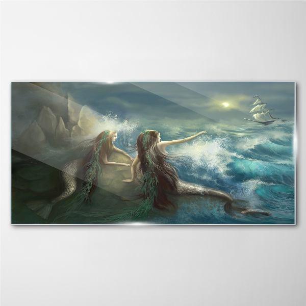 Mermaids on the seashore Glass Print