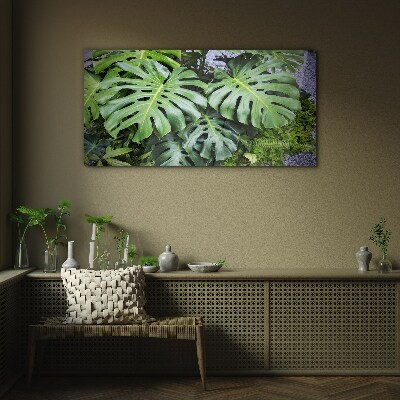 Green Monstera Leaves in Nature Glass Print