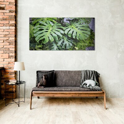 Green Monstera Leaves in Nature Glass Print