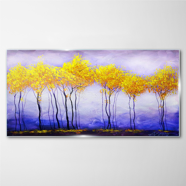 Golden trees in a purple landscape Glass Print