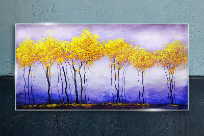 Golden trees in a purple landscape Glass Print