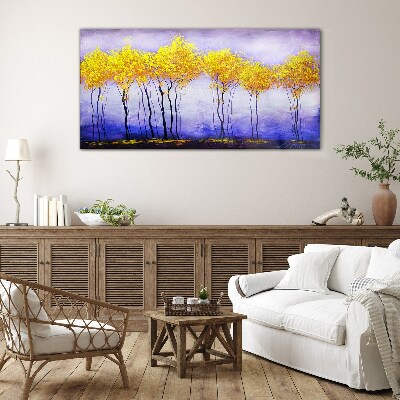 Golden trees in a purple landscape Glass Print