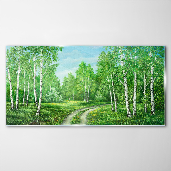 Green forest with white birches Glass Print