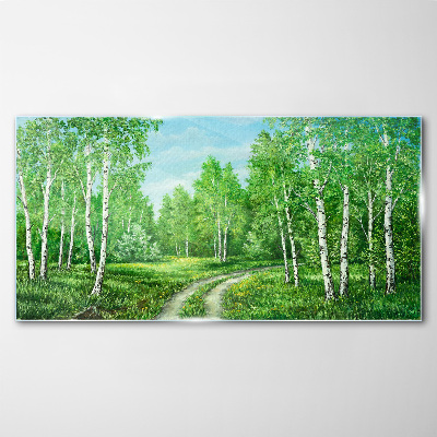 Green forest with white birches Glass Print