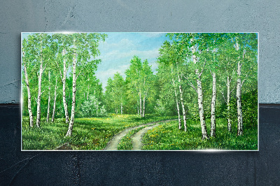 Green forest with white birches Glass Print
