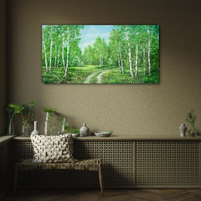 Green forest with white birches Glass Print