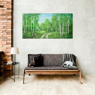 Green forest with white birches Glass Print