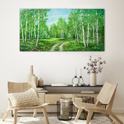 Green forest with white birches Glass Print