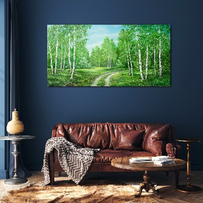 Green forest with white birches Glass Print