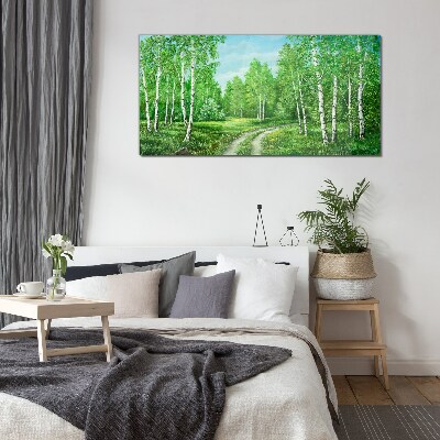 Green forest with white birches Glass Print