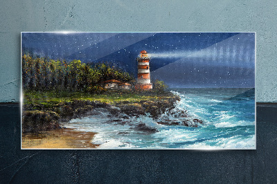 Lighthouse coast waves Glass Print