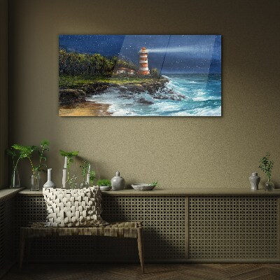A lighthouse in a stormy sea Glass Print
