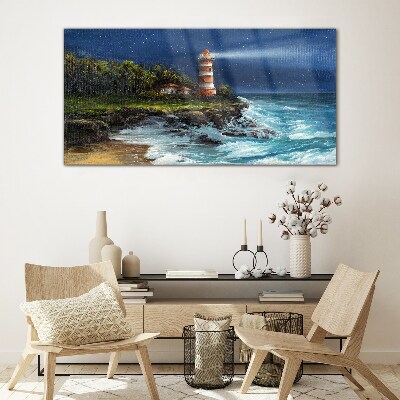 A lighthouse in a stormy sea Glass Print