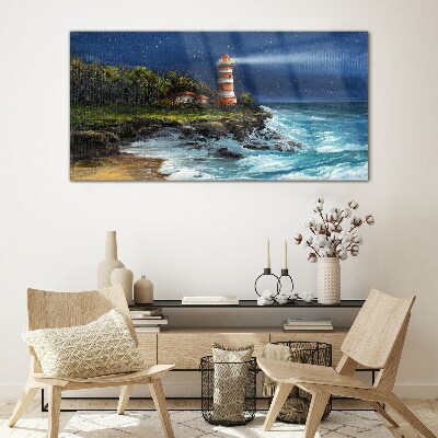 Lighthouse coast waves Glass Print
