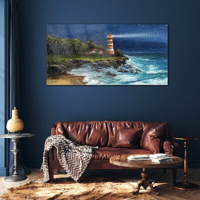 A lighthouse in a stormy sea Glass Print
