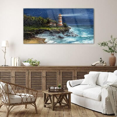 A lighthouse in a stormy sea Glass Print
