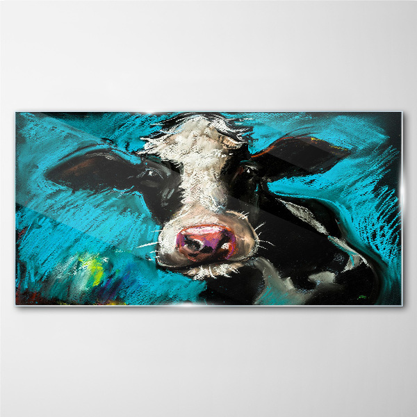 Portrait of a cow on a blue background Glass Wall Art