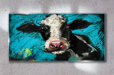 Portrait of a cow on a blue background Glass Wall Art
