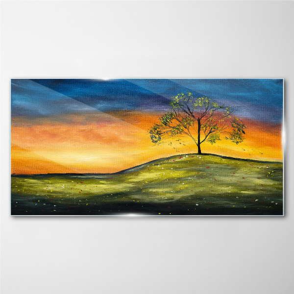 Golden hour over the hill Glass Print